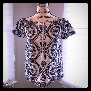 Navy and white off shoulder embroidered shirt